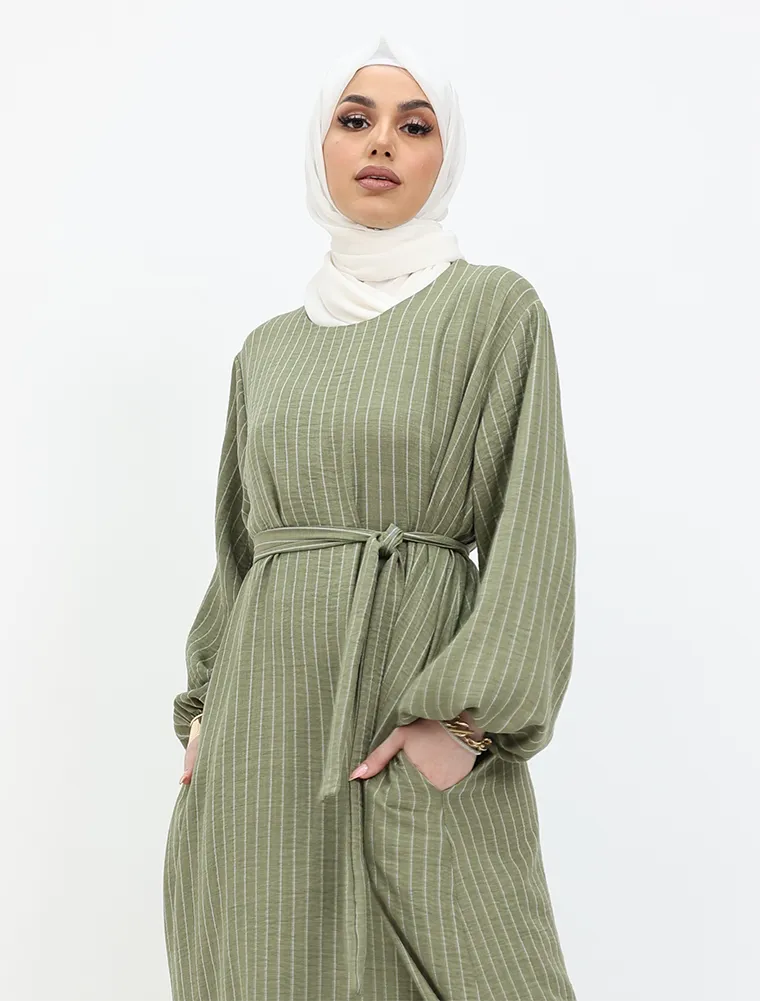 Khaki Stripe Linen Feel Essential Abaya